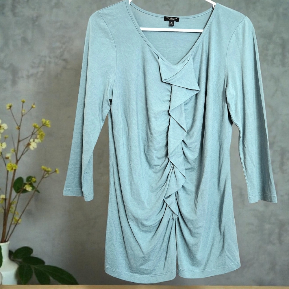 Talbots Coastal Green Top Ruched Ruffled V-neck Rayon Y2K Fairy Coquette Sz M